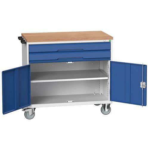 Mobilní pracovní stůl se zásuvkami Bott Verso, 98 x 105 x 60 cm, 2 zásuvky, skříňka, multiplex, šedá-modrá