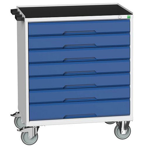 Mobilní pracovní stůl se zásuvkami Bott Verso, 96,5 x 80 x 55 cm, 7 zásuvek, rohož, šedá-modrá