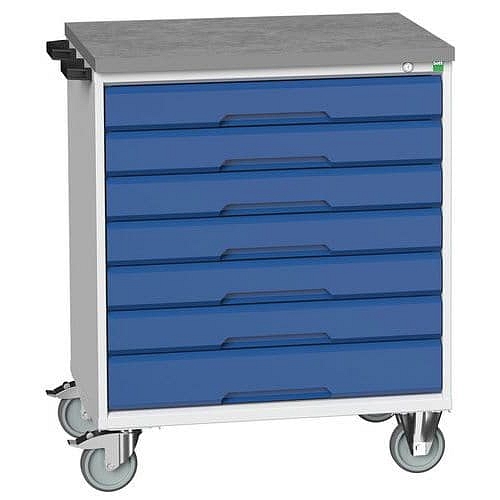 Mobilní pracovní stůl se zásuvkami Bott Verso, 98 x 80 x 60 cm, 7 zásuvek, linoleum, šedá-modrá
