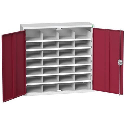 Kovová dílenská skříň Bott Verso s přihrádkami, 100 x 105 x 35 cm, 28 přihrádek, šedá-červená