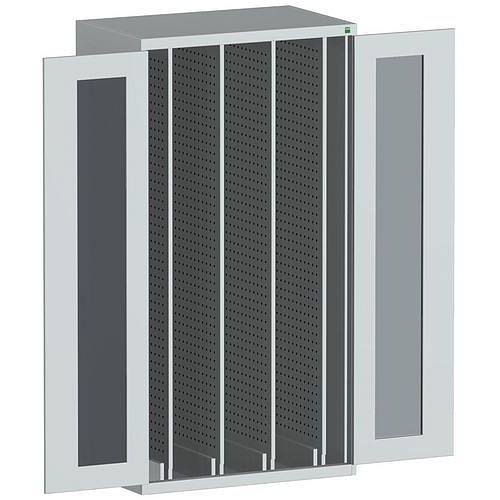 Dílenská skříň Bott Cubio s výsuvnými perfopanely, 200 x 105 x 65 cm, průhledné dveře, šedá-šedá