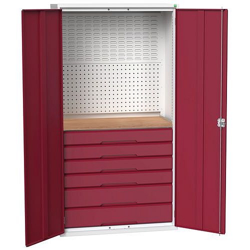 Dílenská skříň se zásuvkami Bott Verso, 200 x 105 x 55 cm, 6 zásuvek, šedá-červená