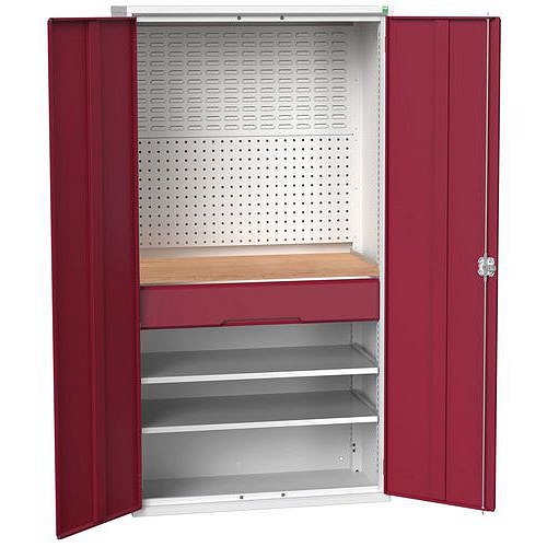 Dílenská skříň se zásuvkami Bott Verso, 200 x 105 x 55 cm, 2 police, 1 zásuvka, šedá-červená