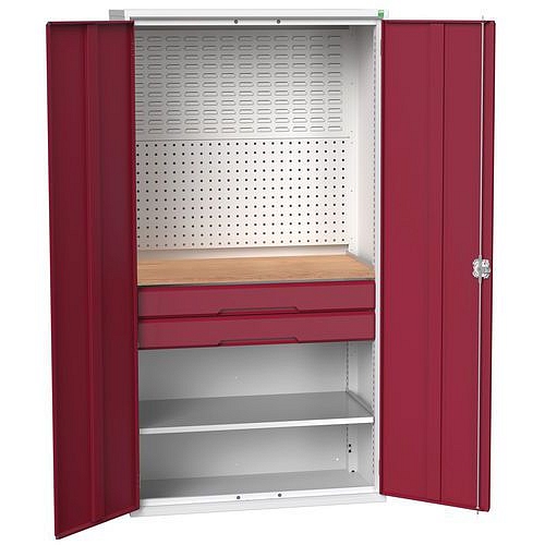 Dílenská skříň se zásuvkami Bott Verso, 200 x 105 x 55 cm, 1 police, 2 zásuvky, šedá-červená