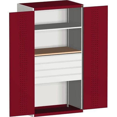 Dílenská skříň se zásuvkami Bott Cubio, multiplex, 200 x 130 x 65 cm, 1 police, 4 zásuvky, šedá-červená