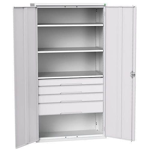 Dílenská skříň se zásuvkami Bott Verso, 200 x 105 x 55 cm, 3 police, 4 zásuvky, šedá-šedá