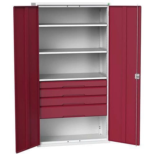 Dílenská skříň se zásuvkami Bott Verso, 200 x 105 x 55 cm, 3 police, 4 zásuvky, šedá-červená