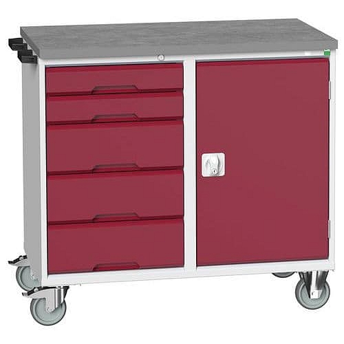 Údržový zásuvkový vozík Bott Verso, 98 x 105 x 60 cm, 5 zásuvek, skříňka, linoleum, šedá-červená