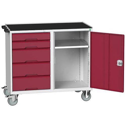 Údržový zásuvkový vozík Bott Verso, 96,5 x 105 x 55 cm, 5 zásuvek, skříňka, rohož, šedá-červená