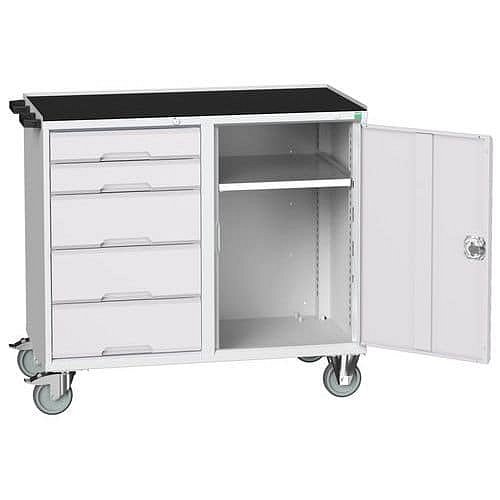 Údržový zásuvkový vozík Bott Verso, 96,5 x 105 x 55 cm, 5 zásuvek, skříňka, rohož, šedá-šedá