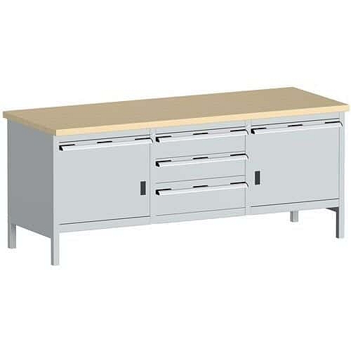Dílenský stůl Bott Cubio Storage, 84 x 200 x 75 cm, 2 skříňky, 5 zásuvek, multiplex, šedá-šedá