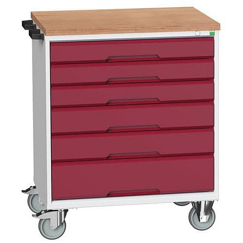 Mobilní pracovní stůl se zásuvkami Bott Verso, 98 x 80 x 60 cm, 6 zásuvek, rohož, šedá-červená