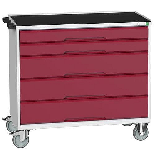 Mobilní pracovní stůl se zásuvkami Bott Verso, 96,5 x 80 x 55 cm, 5 zásuvek, rohož, šedá-červená