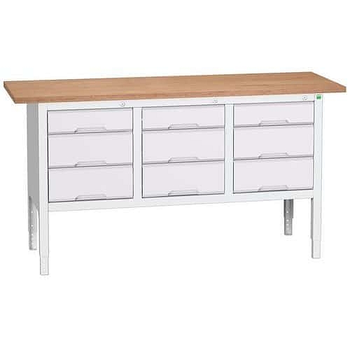 Dílenský stůl Bott Verso, výškově nastavitelný, 83-93 x 175 x 60 cm, multiplex, 9 zásuvek, šedá-šedá