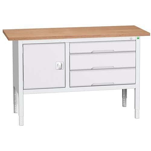 Dílenský stůl Bott Verso, výškově nastavitelný, 83-93 x 150 x 60 cm, multiplex, 3 zásuvky, 1 skříňka, šedá-šedá