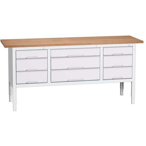 Dílenský stůl Bott Verso, výškově nastavitelný, 83-93 x 200 x 60 cm, multiplex, 9 zásuvek, šedá-šedá