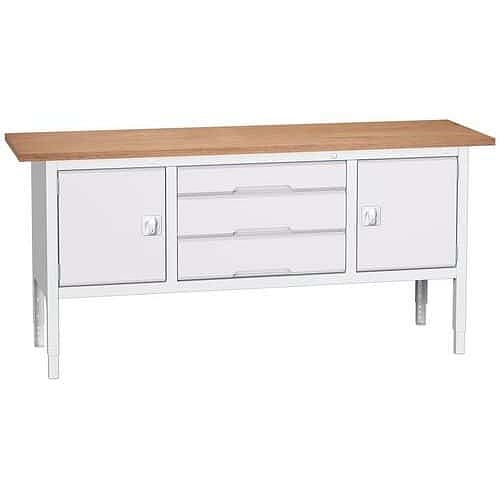 Dílenský stůl Bott Verso, výškově nastavitelný, 83-93 x 200 x 60 cm, multiplex, 3 zásuvky, 2 skříňky, šedá-šedá