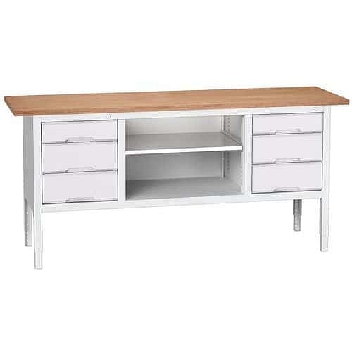 Dílenský stůl Bott Verso, výškově nastavitelný, 83-93 x 200 x 60 cm, multiplex, 6 zásuvek, 1 police, šedá-šedá