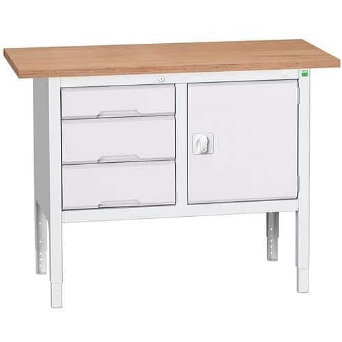 Dílenský stůl Bott Verso, výškově nastavitelný, 83-93 x 125 x 60 cm, multiplex, 3 zásuvky, 1 skříňky, šedá-šedá