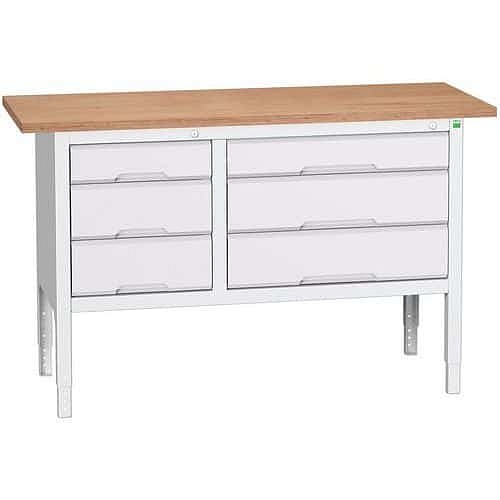 Dílenský stůl Bott Verso, výškově nastavitelný, 83-93 x 150 x 60 cm, multiplex, 3 zásuvek, šedá-šedá