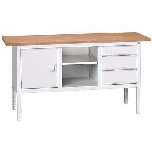 Dílenský stůl Bott Verso, výškově nastavitelný, 83-93 x 175 x 60 cm, multiplex, 3 zásuvky, 1 police, 1 skříňka, šedá-šedá