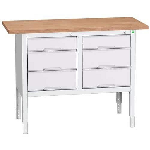 Dílenský stůl Bott Verso, výškově nastavitelný, 83-93 x 125 x 60 cm, multiplex, 6 zásuvek, šedá-šedá