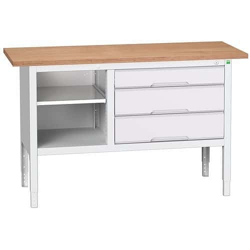 Dílenský stůl Bott Verso, výškově nastavitelný, 83-93 x 150 x 60 cm, multiplex, 3 zásuvky, 1 police, šedá-šedá