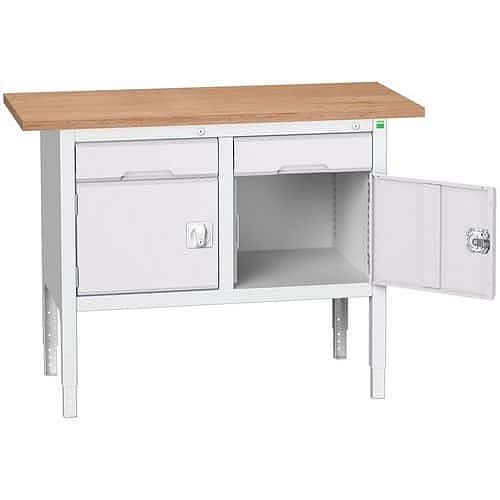 Dílenský stůl Bott Verso, výškově nastavitelný, 83-93 x 125 x 60 cm, multiplex, 2 zásuvky, 2 skříňky, šedá-šedá