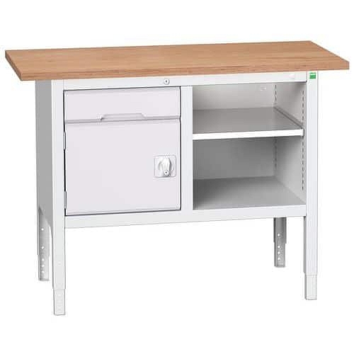 Dílenský stůl Bott Verso, výškově nastavitelný, 83-93 x 125 x 60 cm, multiplex, 1 zásuvka, 1 skříňka, 1 police, šedá-šedá