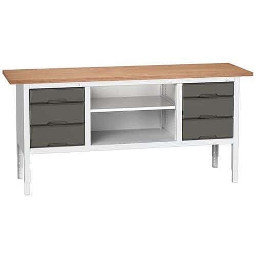 Dílenský stůl Bott Verso, výškově nastavitelný, 83-93 x 200 x 60 cm, multiplex, 6 zásuvek, 1 police, šedá-antracit