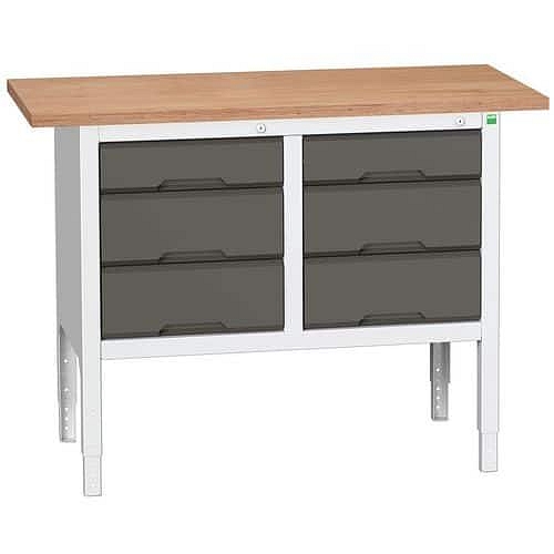 Dílenský stůl Bott Verso, výškově nastavitelný, 83-93 x 125 x 60 cm, multiplex, 6 zásuvek, šedá-antracit