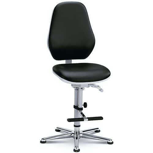 Pracovní antistatická ESD židle Bimos 9143 s podnožkou, permanentní kontakt, kluzáky, koženka, černá/šedá