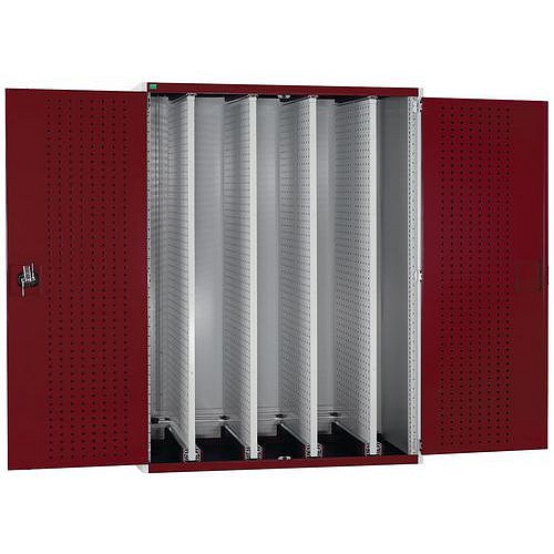 Dílenská skříň Bott Cubio s výsuvnými perfopanely, 120 x 105 x 65 cm, plné dveře, šedá-červená