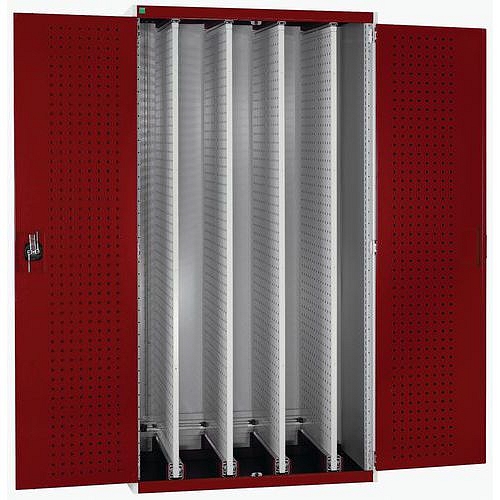 Dílenská skříň Bott Cubio s výsuvnými perfopanely, 200 x 105 x 65 cm, plné dveře, šedá-červená