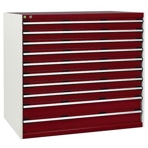 Dílenská zásuvková skříň Bott Cubio, 120 x 130 x 75 cm, 10 zásuvek, šedá-červená