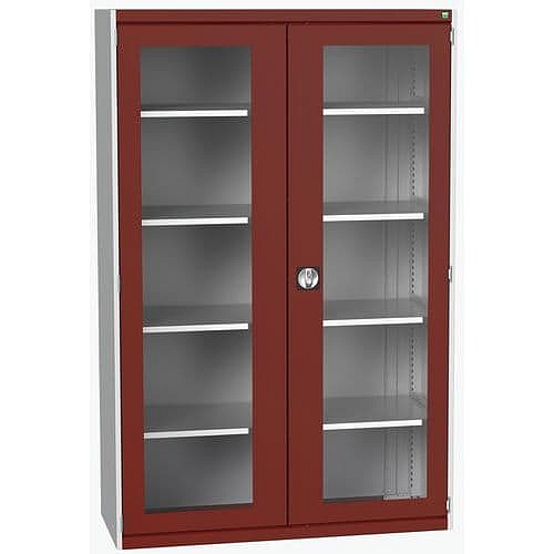 Dílenská skříň s průhlednými dveřmi Bott Cubio, 200 x 130 x 52,5 cm, 4 police, šedá-červená