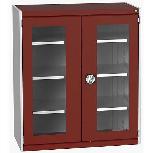 Dílenská skříň s průhlednými dveřmi Bott Cubio, 120 x 105 x 52,5 cm, 3 police, šedá-červená