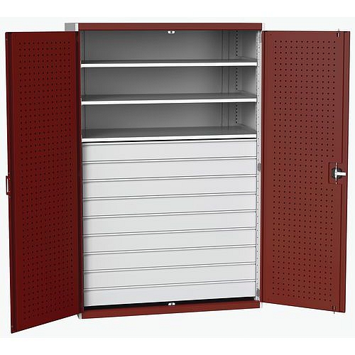 Dílenská skříň se zásuvkami Bott Cubio 160, 200 x 130 x 65 cm, 3 police, 9 zásuvek, šedá-červená