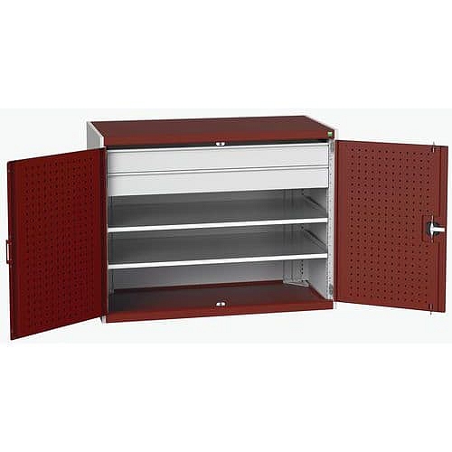 Dílenská skříň se zásuvkami Bott Cubio 160, 100 x 130 x 65 cm, 2 police, 2 zásuvky, šedá-červená