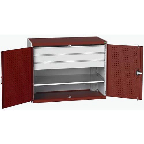 Dílenská skříň se zásuvkami Bott Cubio 160, 100 x 130 x 65 cm, 1 police, 3 zásuvky, šedá-červená