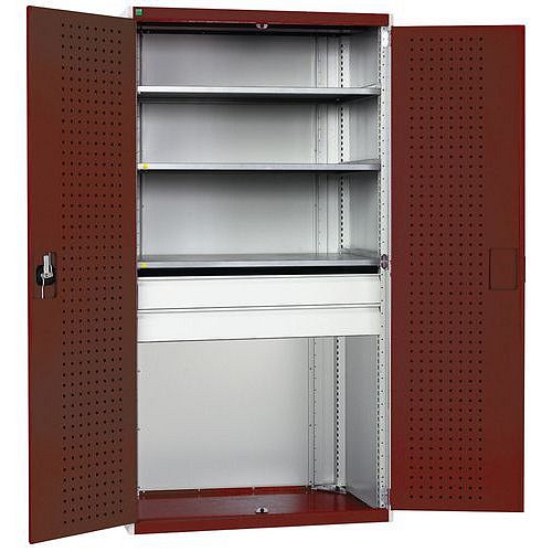 Dílenská skříň se zásuvkami Bott Cubio, 200 x 105 x 65 cm, 3 police, 2 zásuvky, šedá-červená
