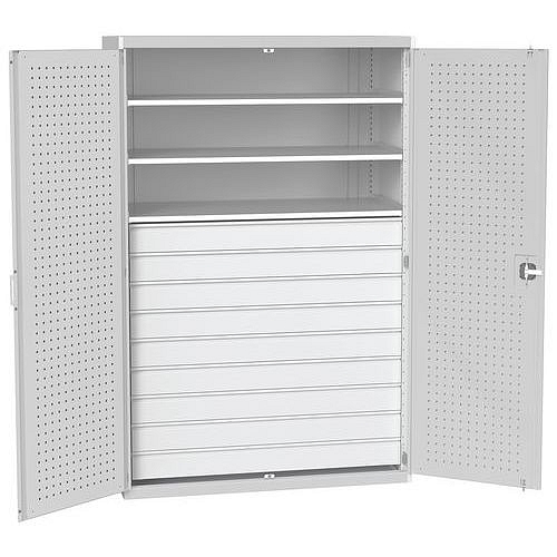 Dílenská skříň se zásuvkami Bott Cubio 160, 200 x 130 x 65 cm, 3 police, 9 zásuvek, šedá-šedá