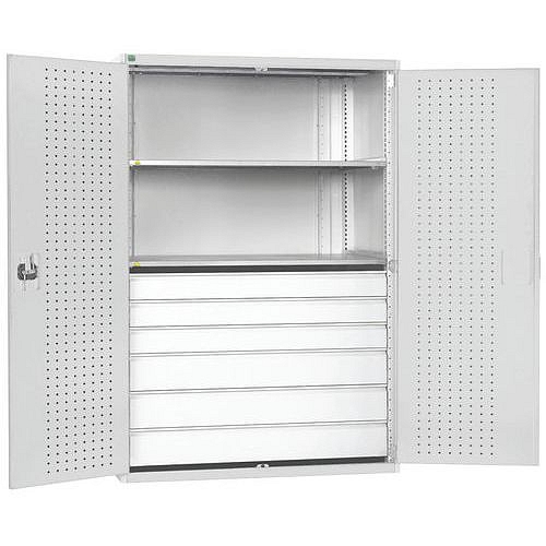 Dílenská skříň se zásuvkami Bott Cubio 160, 200 x 130 x 65 cm, 2 police, 6 zásuvek, šedá-šedá