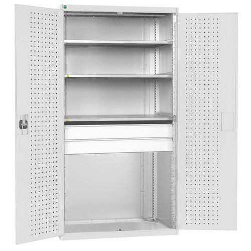 Dílenská skříň se zásuvkami Bott Cubio, 200 x 105 x 65 cm, 3 police, 2 zásuvky, šedá-šedá