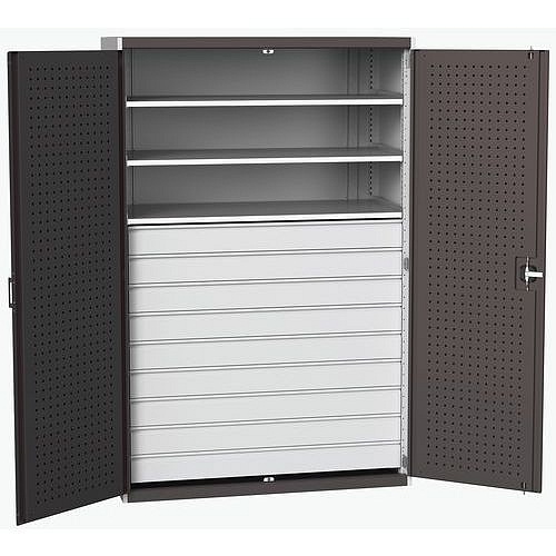 Dílenská skříň se zásuvkami Bott Cubio 160, 200 x 130 x 65 cm, 3 police, 9 zásuvek, šedá-antracit