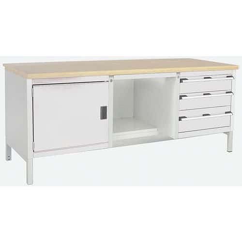 Dílenský stůl Bott Cubio Storage, 84 x 200 x 75 cm, 1 skříňky, 3 zásuvky, police, multiplex, šedá-šedá