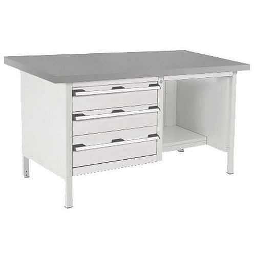 Dílenský stůl Bott Cubio Storage, 84 x 150 x 75 cm, 3 zásuvky, police, linoleum, šedá-šedá