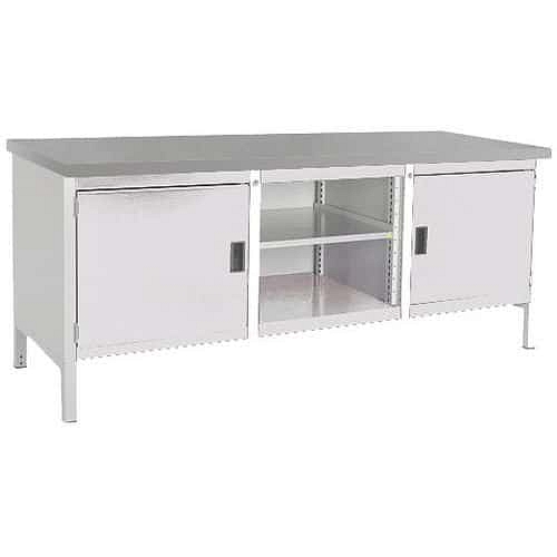 Dílenský stůl Bott Cubio Storage, 84 x 200 x 75 cm, 2 skříňky, otevřený prostor s policí, linoleum, šedá-šedá