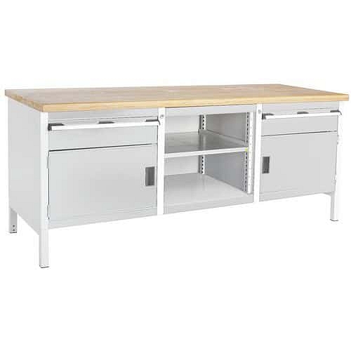 Dílenský stůl Bott Cubio Storage, 84 x 200 x 75 cm, 2 skříňky, 2 zásuvky, otevřený prostor s policí, multiplex, šedá-šedá