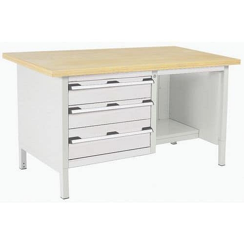 Dílenský stůl Bott Cubio Storage, 84 x 150 x 75 cm, 3 zásuvky, police, multiplex, šedá-šedá